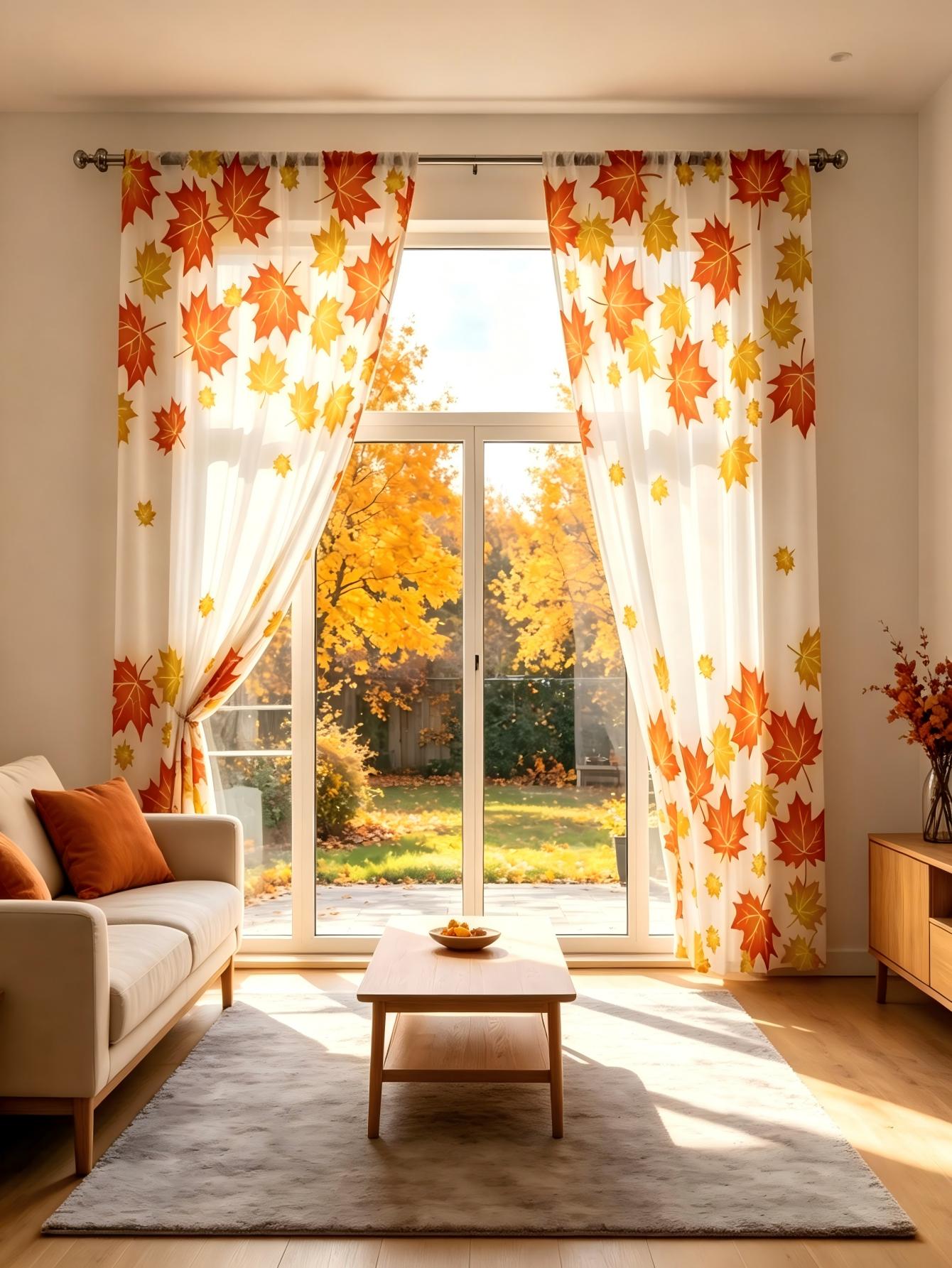 Home Decor Yellow - 2PCS 디지털 프린트 시스루 커튼, 오렌지