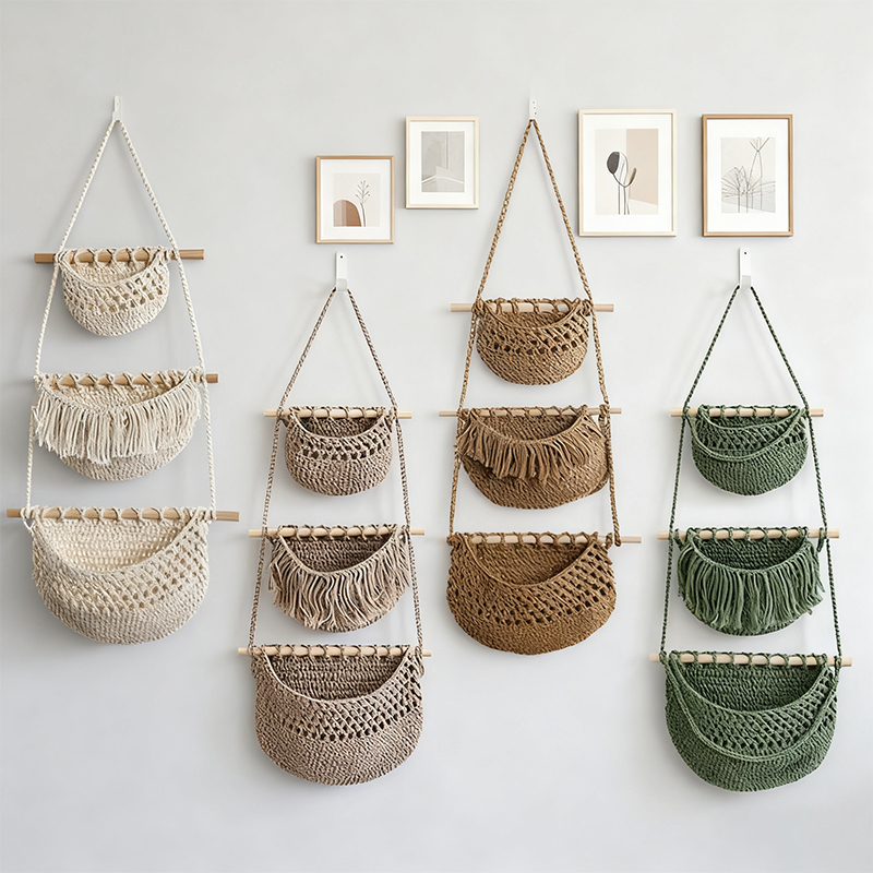 Woven Wall Basket - 손으로 짠 면 로프 3단 수납