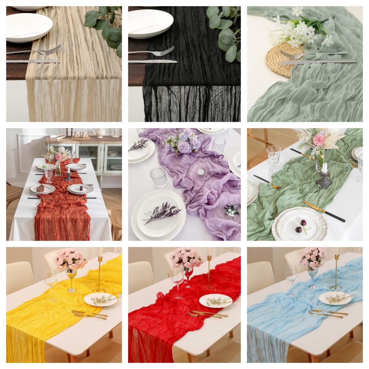 Linen Table Runner - 보헤미안 스타일 거즈 테이블 러너, 주름진