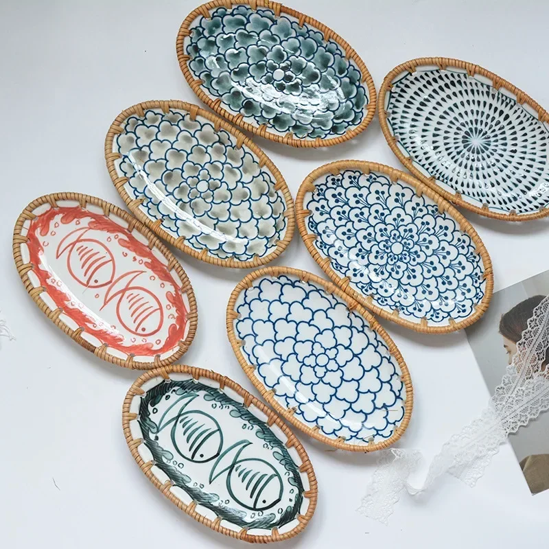 Ceramic Trinket Dish - 일본산 라탄 직조 세라믹 과일 트레이,