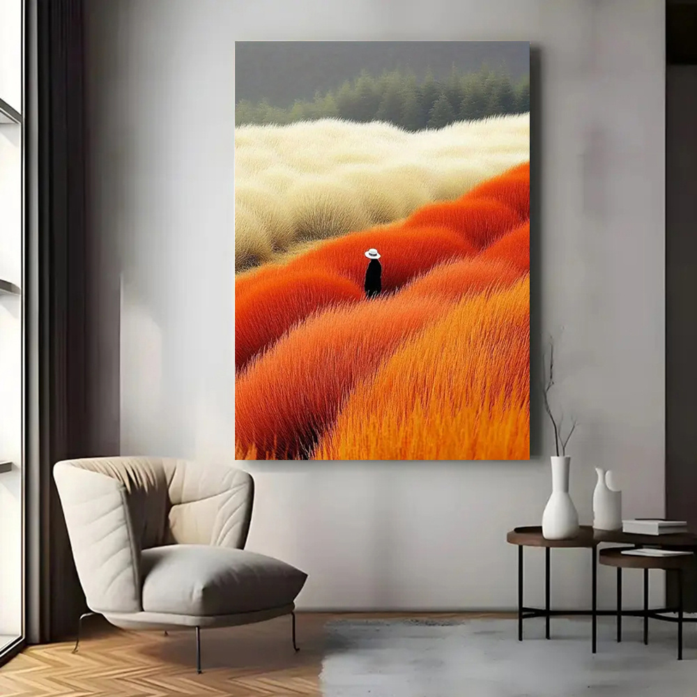 현대 추상 풍경 포스터 및 인쇄 베이지 오렌지 꽃 필드 - Home Decor Orange 리뷰 및 가격