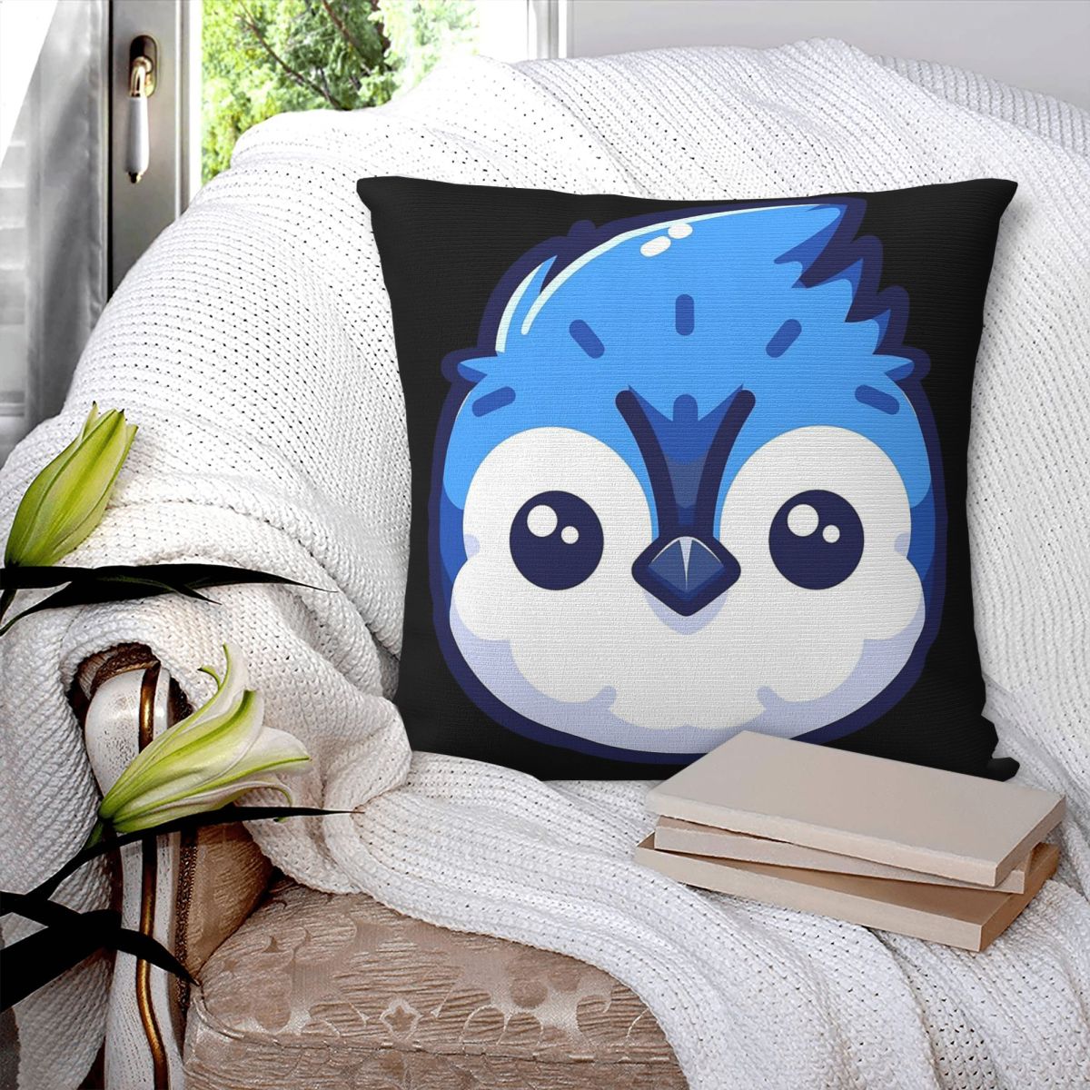 귀여운 벡터형 블루 제이 얼굴 모양 사각 베개 커버 폴 - Home Decor Vector 리뷰 및 가격