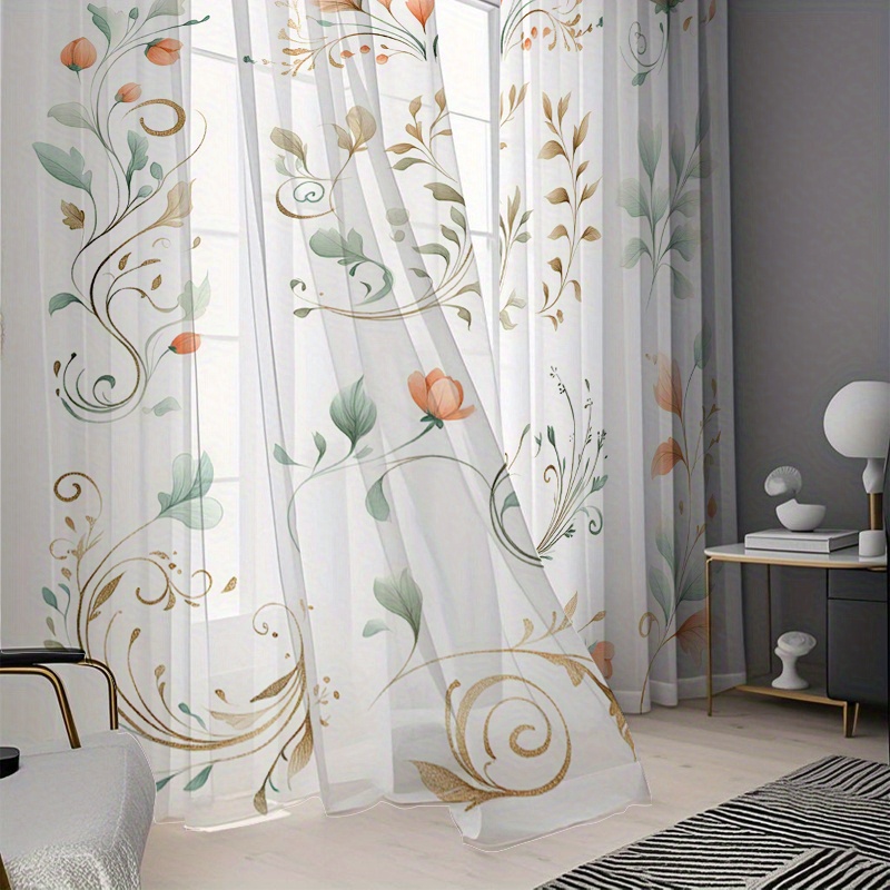 2PCS 디지털 프린트 시스루 커튼, 그린 오렌지 덩굴 - Home Decor Orange 리뷰 및 가격