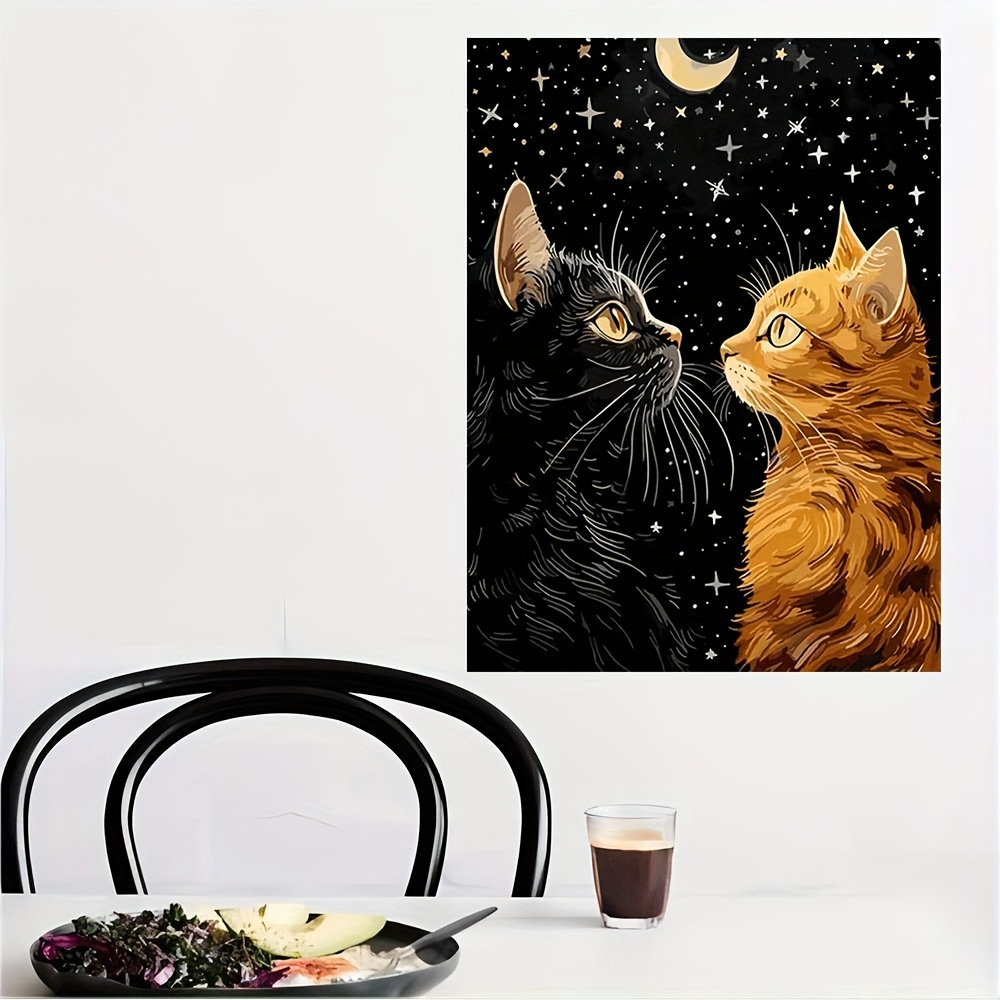 활기찬 검은 고양이와 오렌지색 고양이와 별 달 포스터  - Home Decor Orange 리뷰 및 가격