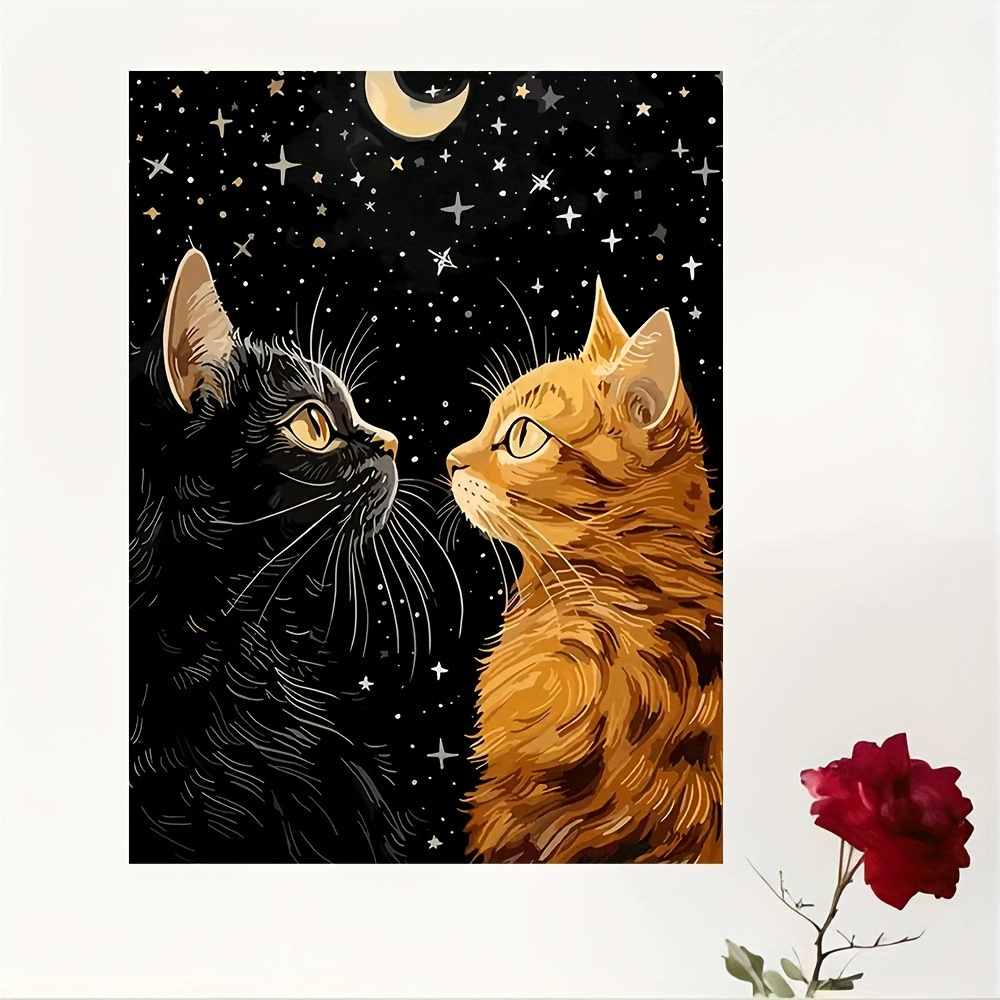 활기찬 검은 고양이와 오렌지색 고양이와 별 달 포스터  - Home Decor Orange 리뷰 및 가격