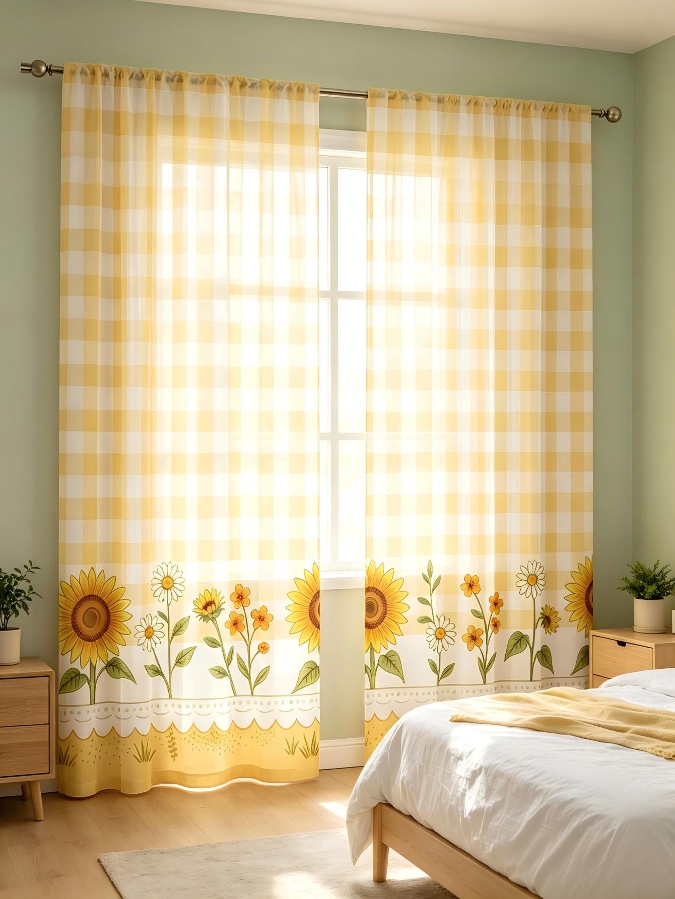 2개 디지털 프린트 시스루 커튼, 노란색 체크무늬 해바 - Home Decor Yellow 리뷰 및 가격