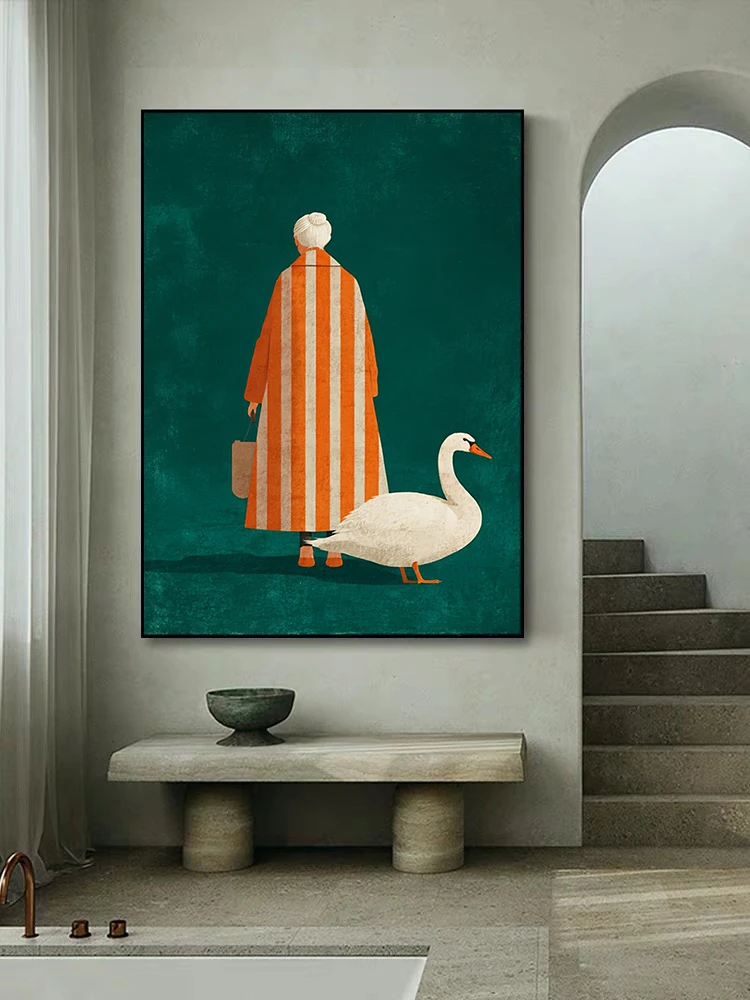 오렌지색 흰색 줄무늬 포스터에 노인과 흰색 거위가 있는 - Home Decor Orange 리뷰 및 가격