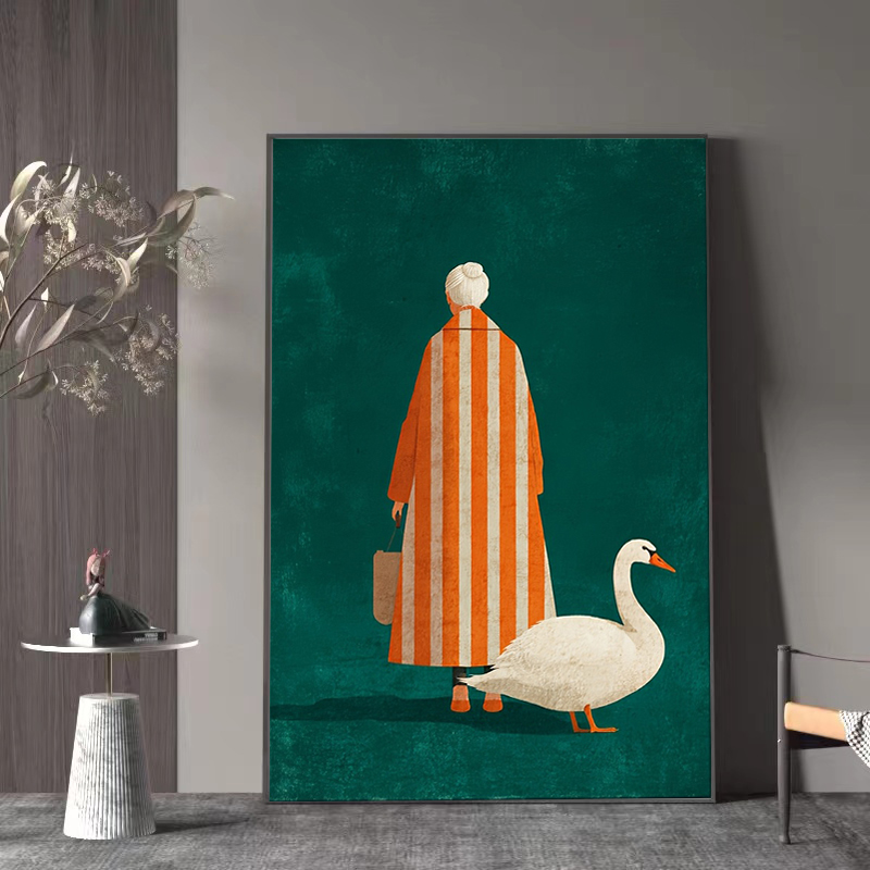 오렌지색 흰색 줄무늬 포스터에 노인과 흰색 거위가 있는 - Home Decor Orange 리뷰 및 가격