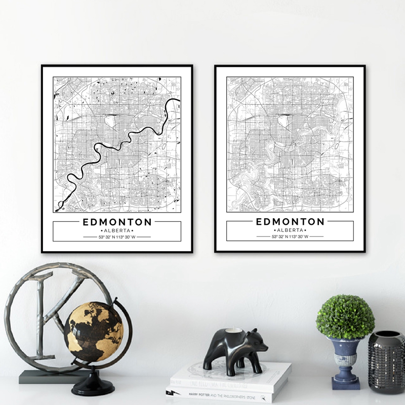 에드먼턴 앨버타지도 블랙 화이트 캔버스 포스터 캐나다  - Home Decor Canada 리뷰 및 가격